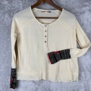 FREE people Alpine Cuff Havana Cream Waffle Knit Henley Top Cuff Sleeve Size S